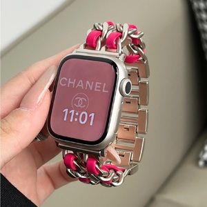 NEW Strap Silver PINK Chain Leather Stainless Band For Apple Watch